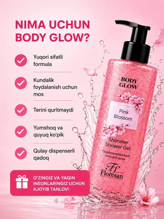 Body Glow Pink Blossom Shimmer гель для душа, с цветочным ароматом для сияния тела