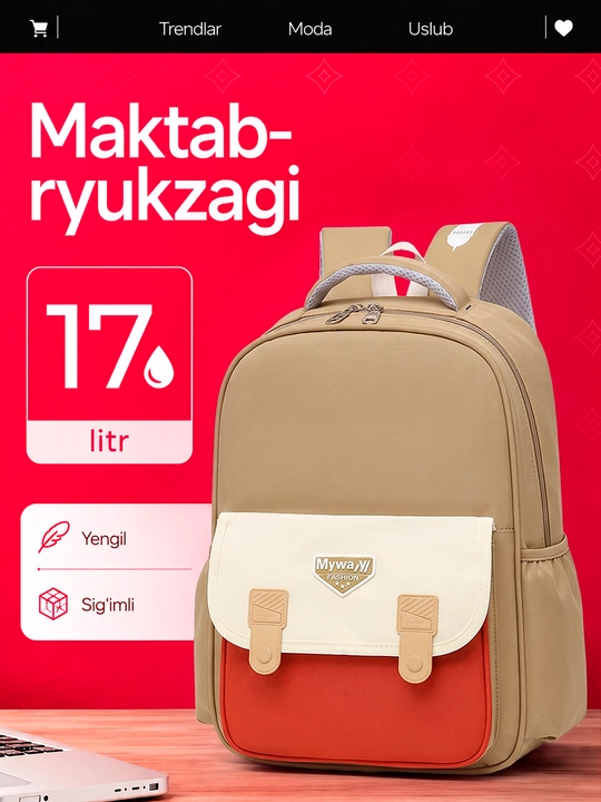 Maktab sumkasi, bolalar uchun yengil va qulay ikki rangli ryukzak, orqa sumka - 