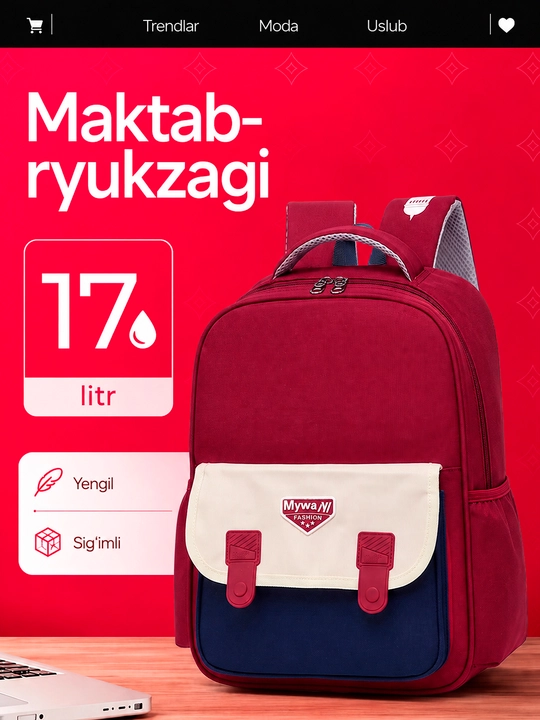 Maktab sumkasi, bolalar uchun yengil va qulay ikki rangli ryukzak, orqa sumka - 