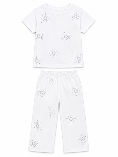1,5 - 4 yoshgacha bo‘lgan qizlar uchun pijama, to‘plam: futbolka va keng palatsso shimi
