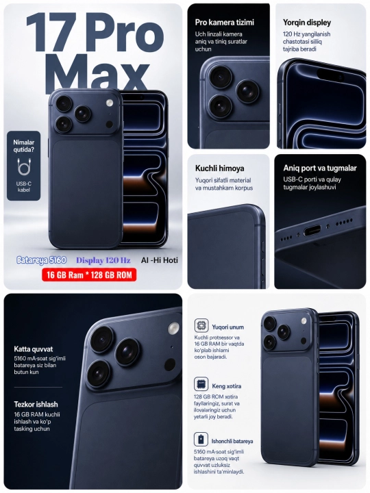 Smartfon 17 Pro Max Wave 7C, kamera 32 MP, batareya 5000 mAh