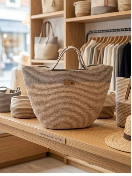 Qo‘lda pahtali ipdan tikilgan shopper sumka, 42×28 sm, cappuccino rang