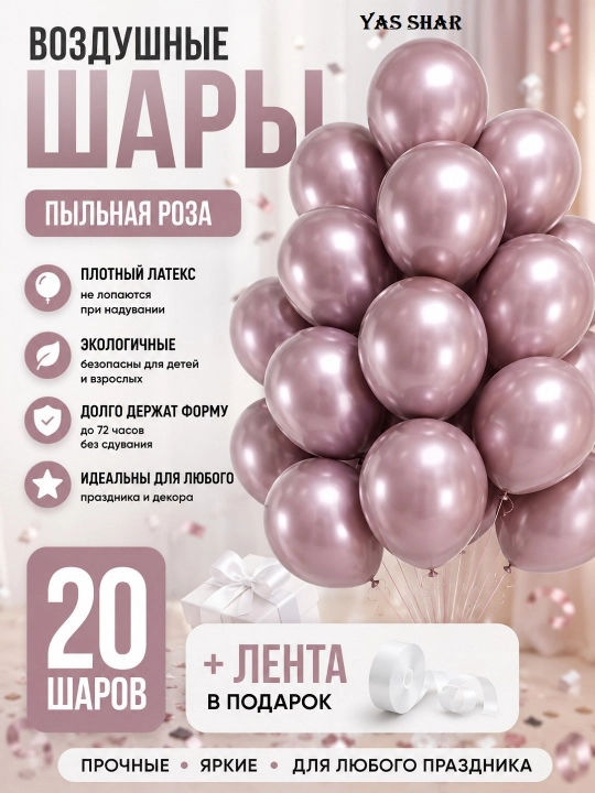 Воздушные шары день рождения для праздника разноцветные шарики 20 шт + лента в подарок