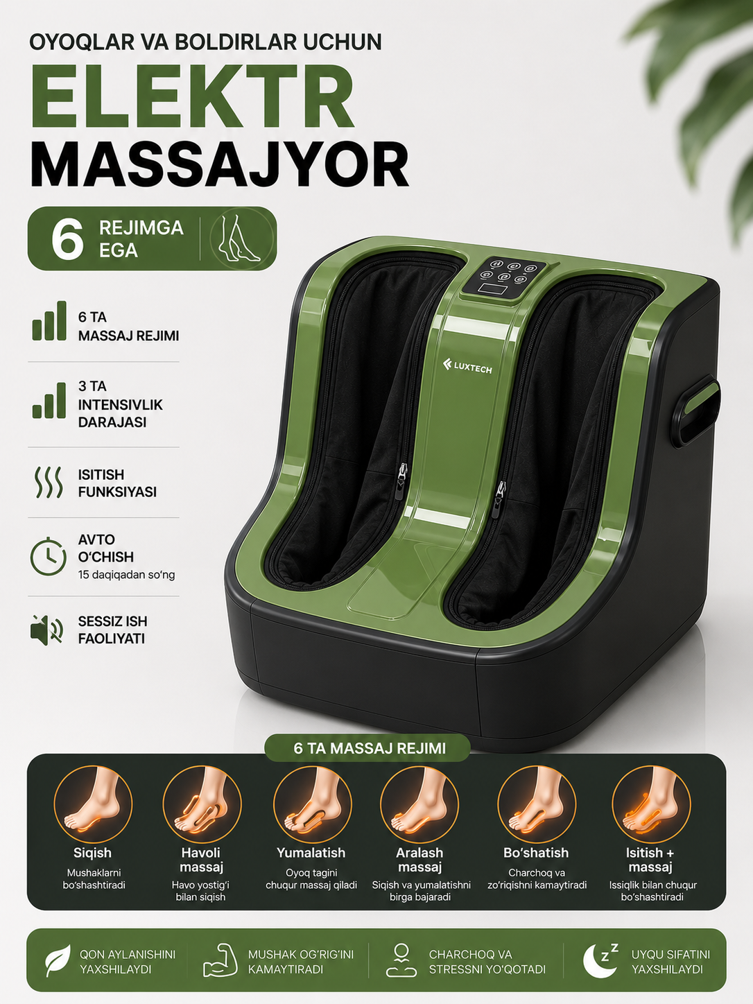 Oyoqlar va boldirlar uchun elektr massajyor, 6 rejimga ega, dam olish uchun, ixcham - 