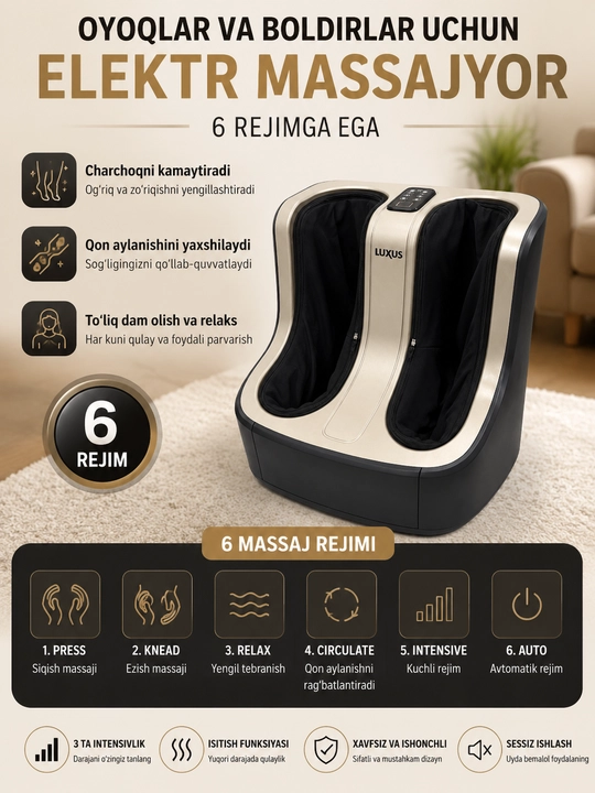 Oyoqlar va boldirlar uchun elektr massajyor, 6 rejimga ega, dam olish uchun, ixcham - 