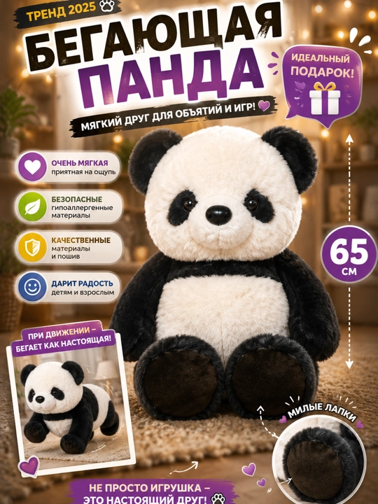 Panda va kuchukcha, qiziqarli qimirlaydigan yumshoq o‘yinchoq, 65 sm