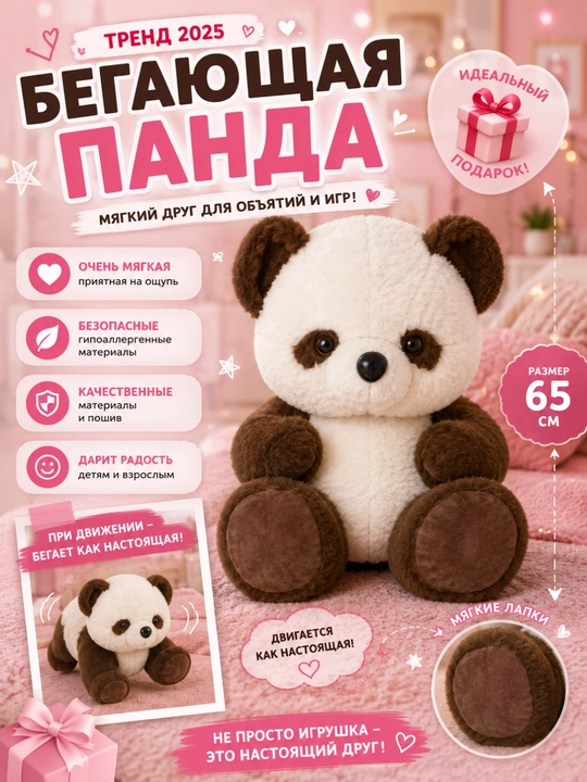 Панда и щенок, забавная подвижная мягкая игрушка, 65 см