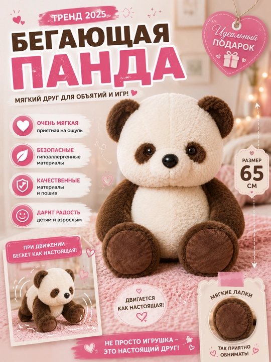 Панда и щенок, забавная подвижная мягкая игрушка, 65 см