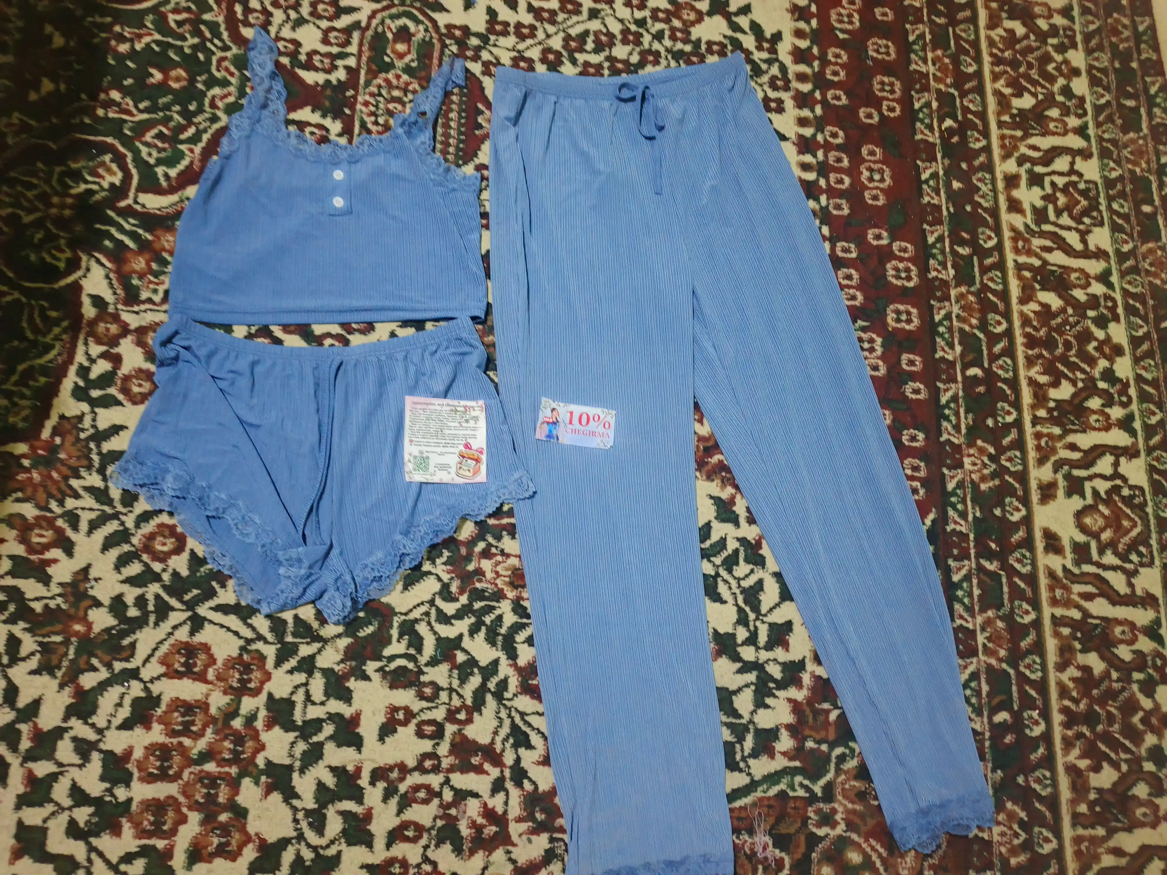 Ayollar uchun pijama to‘plami — shortik va shim bilan, 3 tasi 1 da