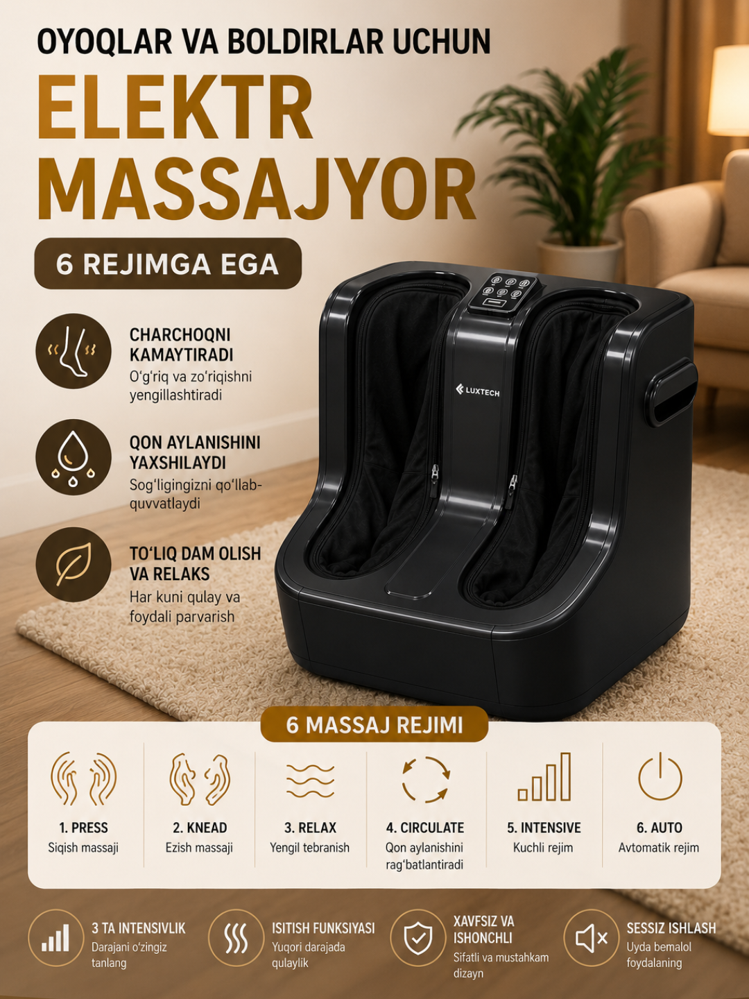 Oyoqlar va boldirlar uchun elektr massajyor, 6 rejimga ega, dam olish uchun, ixcham