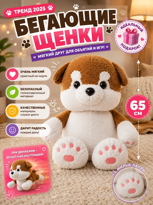 Панда и щенок, забавная подвижная мягкая игрушка, 65 см