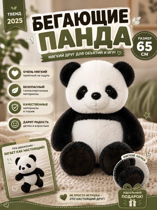 Панда и щенок, забавная подвижная мягкая игрушка, 65 см