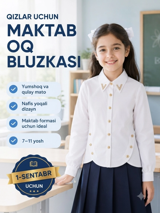 Белая школьная блузка для девочек, белая блузка, белая школьная блузка, воротником 7–11 лет