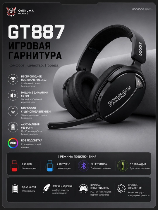 ONIKUMA GT887 RGB simsiz o'yin garniturasi, Bluetooth 5.4 / 2.4 GHz / 3.5 mm, 50 mm