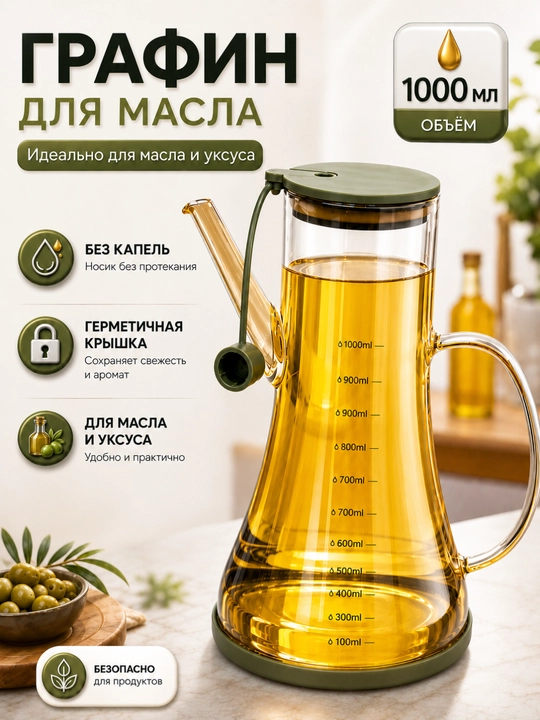 Графин для масла и уксуса 1000 мл, стеклянный, с герметичной крышкой и носиком без капель - 