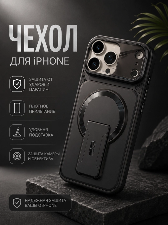 IPhone 17 Pro / 17 Pro Max uchun stendli va kamera himoyali g‘ilof - 