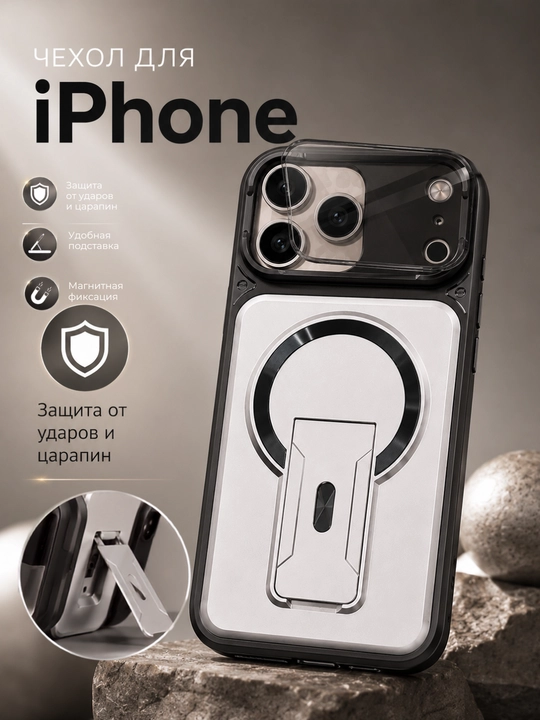 IPhone 17 Pro / 17 Pro Max uchun stendli va kamera himoyali g‘ilof - 