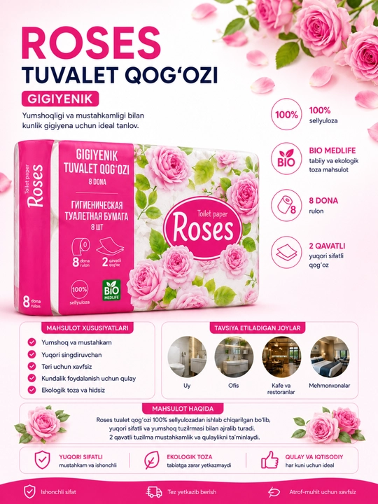 Туалетная бумага Roses, 8 рулонов, 2 слоя, 100% целлюлоза, мягкая, гигиеническая, Bio - 