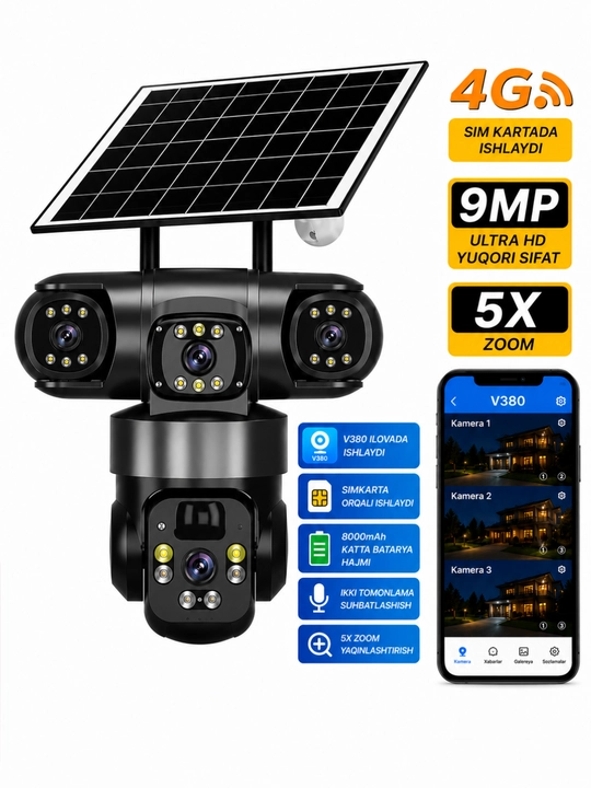 SIM-karta+12v va quyosh panelli 4G kamera Wi-Fi va elektr quvvati bo'lmagan hududlar uchun - 