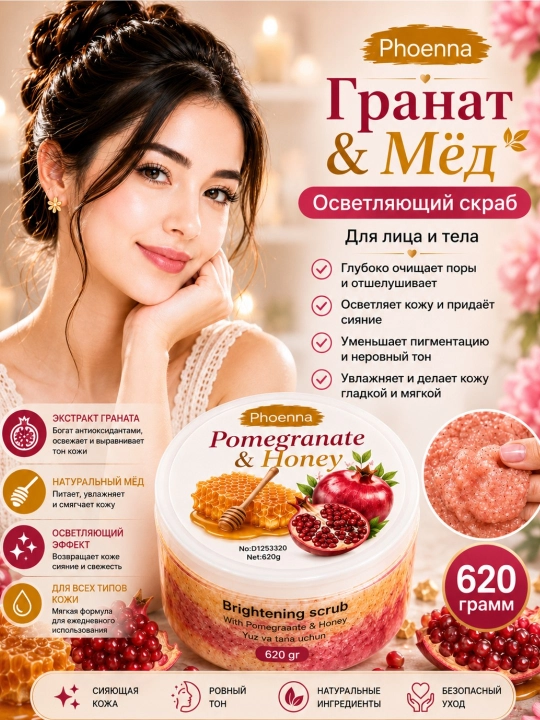 Скраб для лица и тела увлажняющий осветляющий Phoenna Brightening Scrub, 620 г