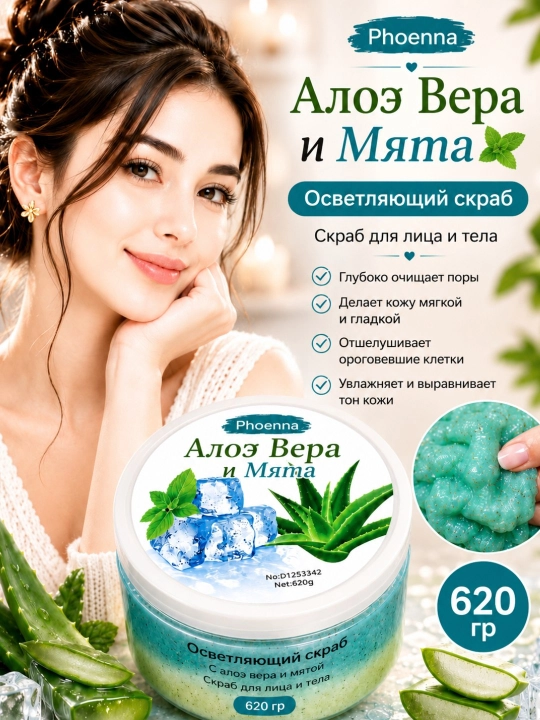 Скраб для лица и тела увлажняющий осветляющий Phoenna Brightening Scrub, 620 г