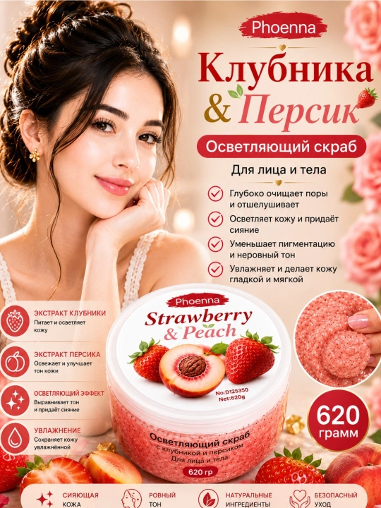 Скраб для лица и тела увлажняющий осветляющий Phoenna Brightening Scrub, 620 г - 
