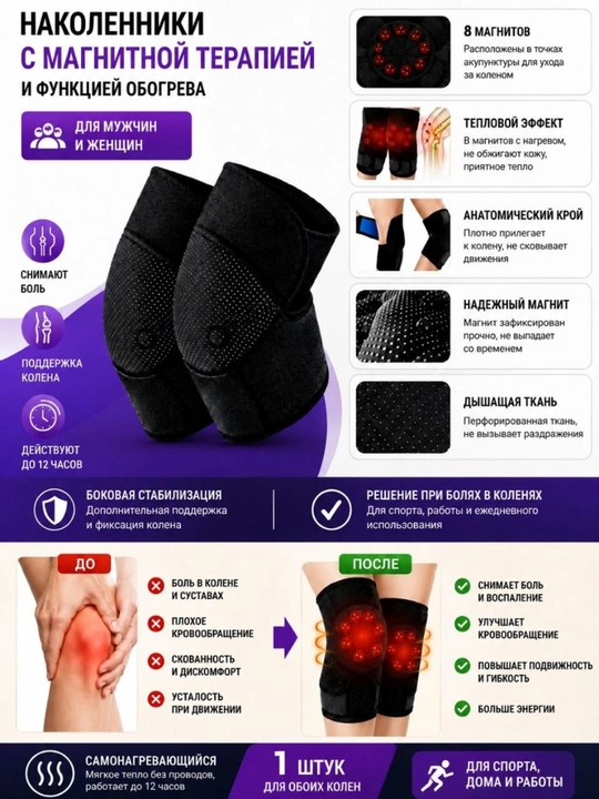 Наколенники с магнитными вставками, согревающий эффект, поддержка колена, эластичные, 1 шт