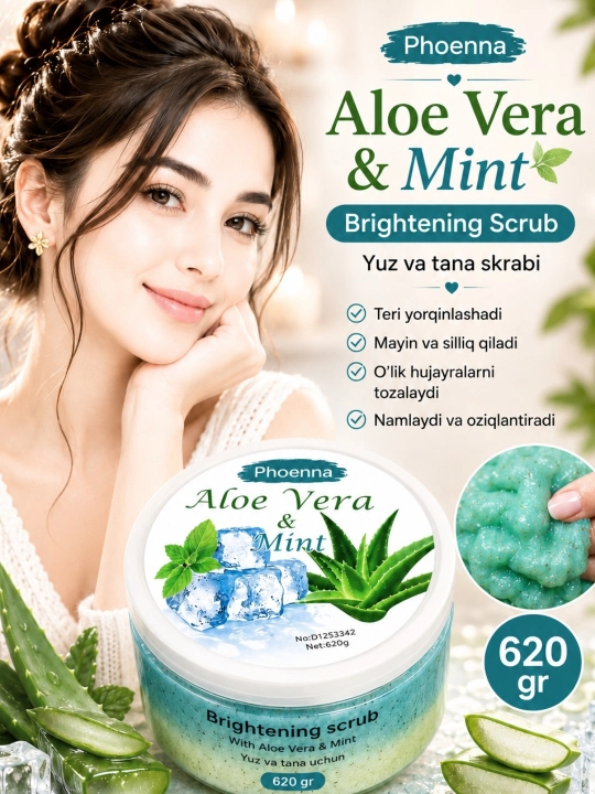 Скраб для лица и тела увлажняющий осветляющий Phoenna Brightening Scrub, 620 г