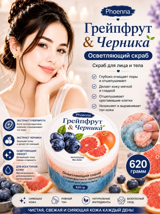 Скраб для лица и тела увлажняющий осветляющий Phoenna Brightening Scrub, 620 г