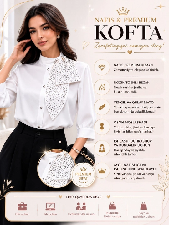 Klassik oq ko'fta, nozikdidli ayollar uchun, elegant ko'rinishni sevuvchilar uchun - 