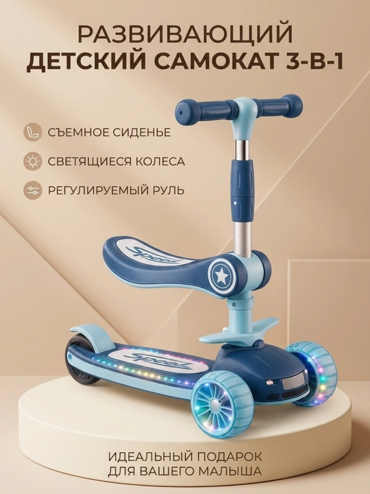 Детский самокат со светящимися колесами, трехколесный скутер складной