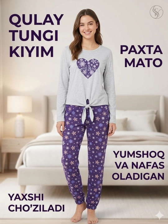 Bu tungi kiyim to‘plami yuqori sifatli, yumshoq paxta matosidan tayyorlangan - 