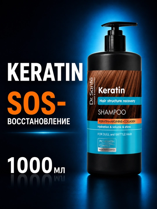 Dr.Sante Keratin shampuni, xira va mo‘rt sochlar uchun, keratin + kollagen + arganin