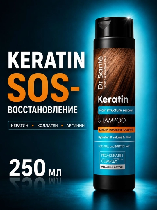 Dr.Sante Keratin shampuni, xira va mo‘rt sochlar uchun, keratin + kollagen + arganin