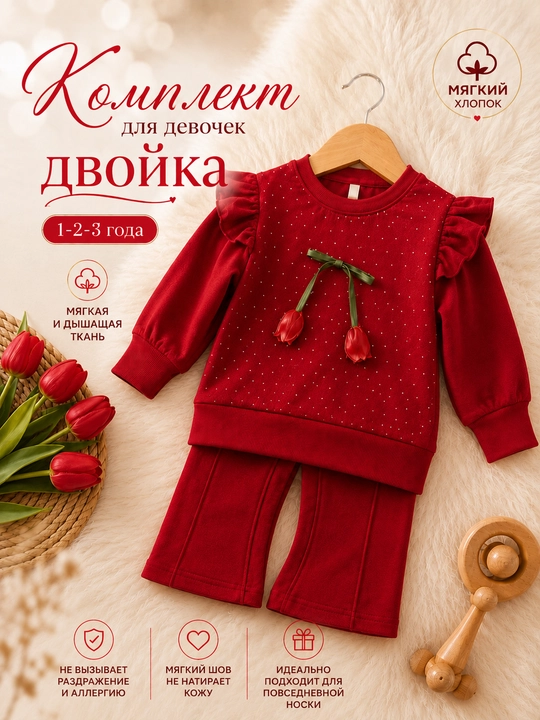 Комплект для девочек с тюльпаном, мягкий хлопковый костюм, 1–3 года, двойка комплект