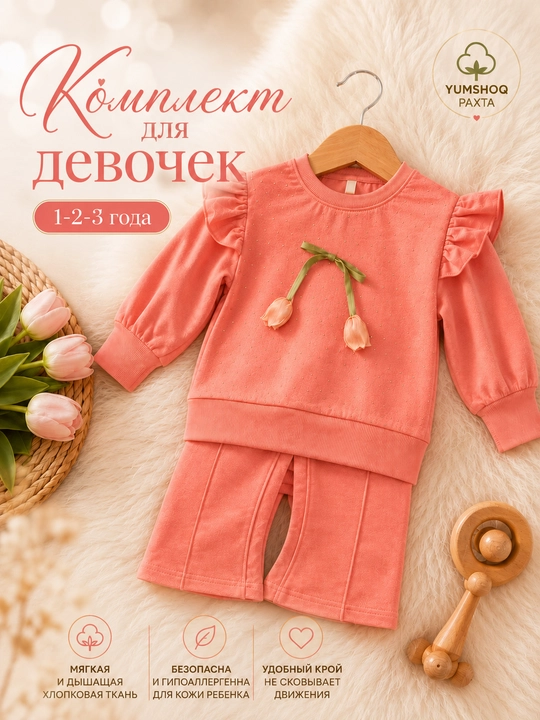 Комплект для девочек с тюльпаном, мягкий хлопковый костюм, 1–3 года, двойка комплект
