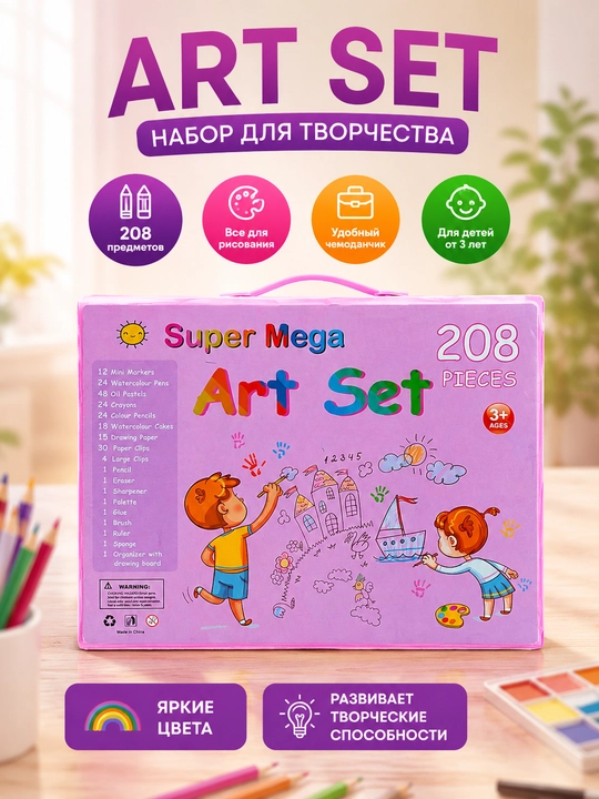 Rasm chizish to'plami 208 dona, art set, bolalar uchun rasm to'plami, marker, rangli qalam - 