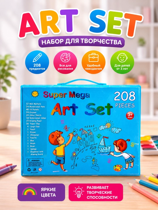 Rasm chizish to'plami 208 dona, art set, bolalar uchun rasm to'plami, marker, rangli qalam - 