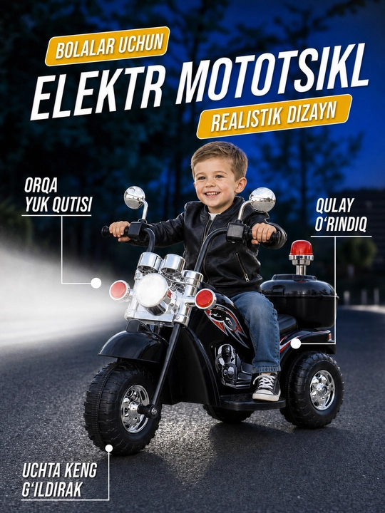 Faralar yoritgichi va musiqa funksiyasiga ega bolalar elektr mototsikli - 