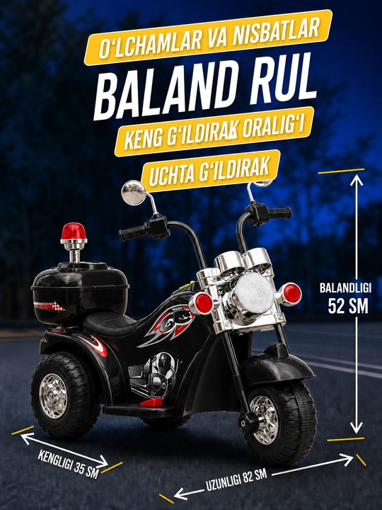 Faralar yoritgichi va musiqa funksiyasiga ega bolalar elektr mototsikli