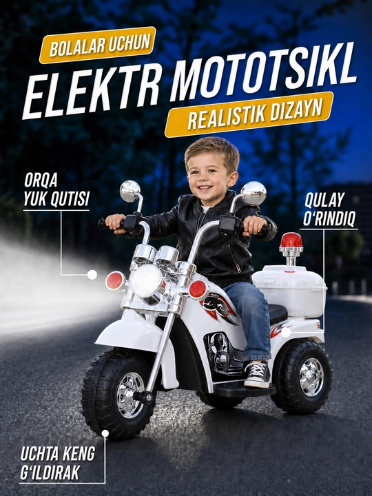 Faralar yoritgichi va musiqa funksiyasiga ega bolalar elektr mototsikli - 