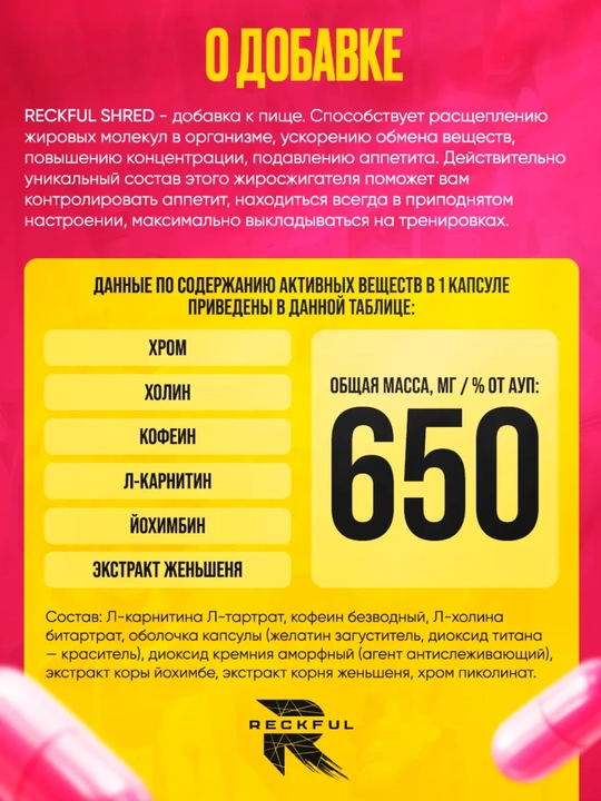 Женский жиросжигатель Reckful SHRED Fat Burner, 30, 60 капсул