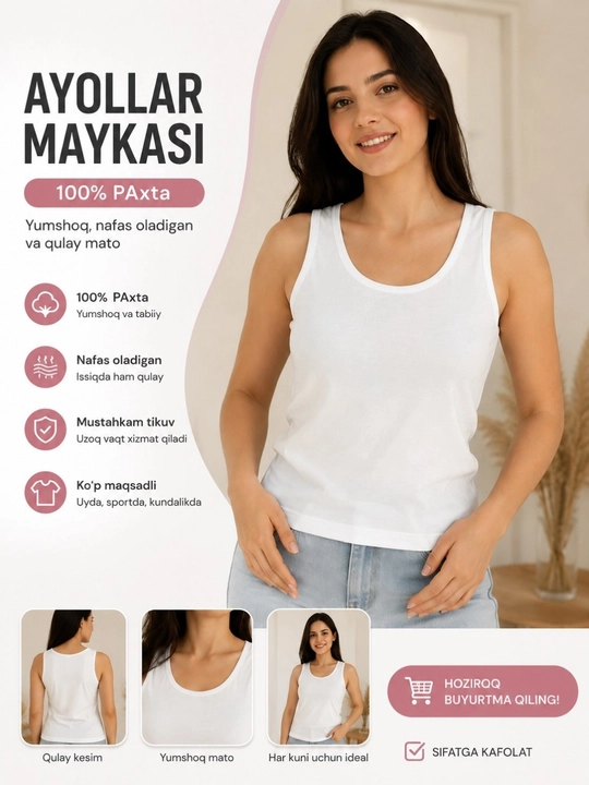 Ayollar maykasi, 100% paxta, oq mayka, asosiy mayka, paxta maykasi
