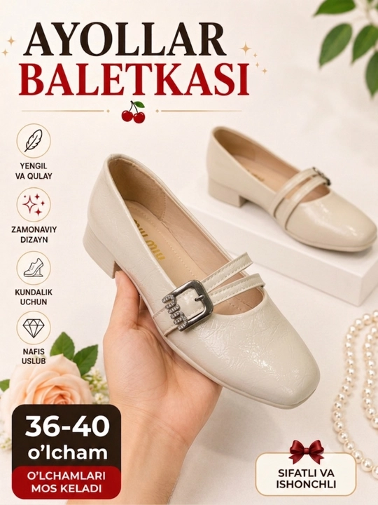 Ayollar uchun Meri Jeyn balet poyabzali, klassik tufli - 
