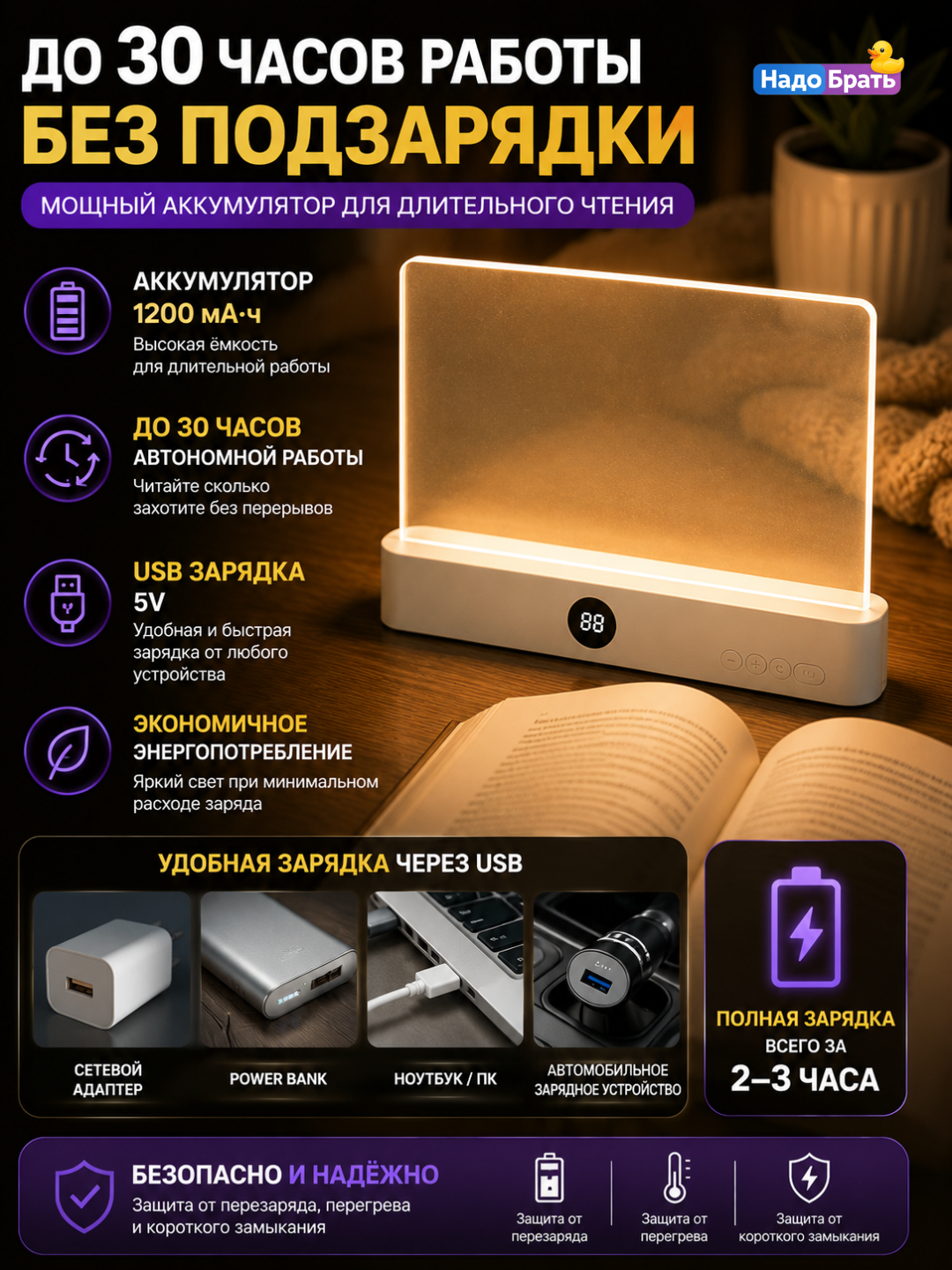 LED kitob xatcho'pi yoritgichli, o‘qish chirog‘i, 3 yorug‘lik rejimi, taymer, USB