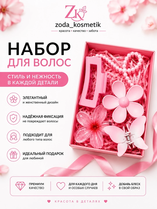 Подарочный набор аксессуаров для волос, резинки и заколки - 