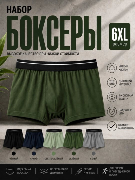 Erkaklar uchun ko‘p martalik ichki kiyim va boksyerlar, paxta va bambuk tolali, 4XL, 5XL, 6XL - 