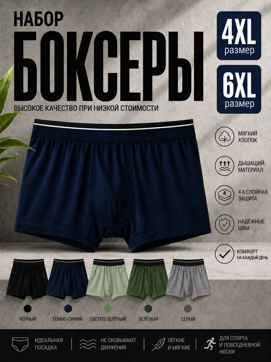 Erkaklar uchun ko‘p martalik ichki kiyim va boksyerlar, paxta va bambuk tolali, 4XL, 5XL, 6XL - 