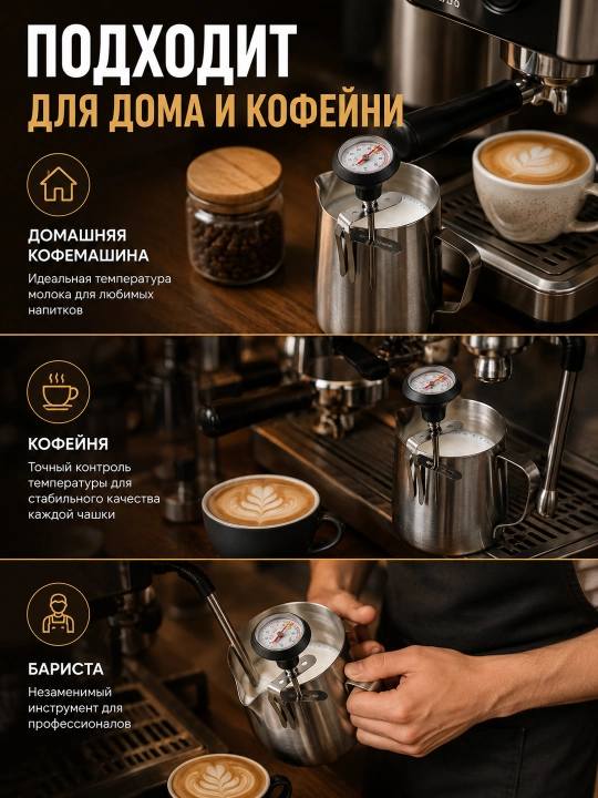 Термометр для кофе и молока аналоговый с зажимом, термометр бариста для питчера