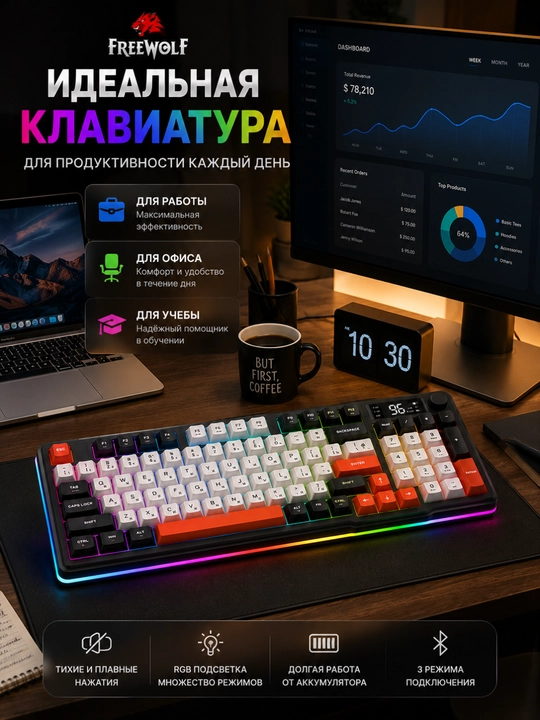 Беспроводная механическая клавиатура FREE WOLF M96, RGB-подсветка, Bluetooth 5.0, 2.4G